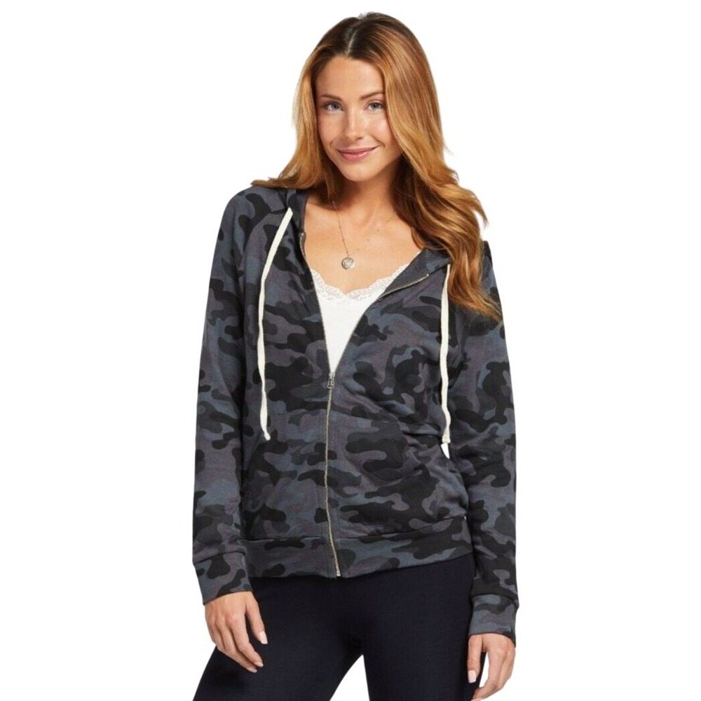 Sundry Women's Zip Hoodie Large‎ Gray Camo Print French Terry Made in USA Casual